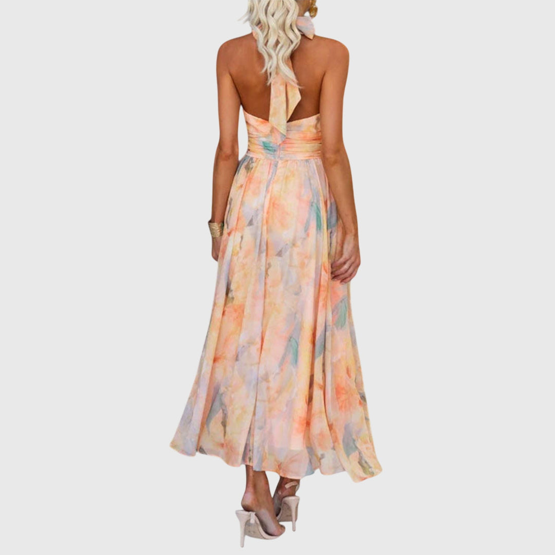 Women's Halter Neck Open-Back Maxi Dress – Watercolour Print
