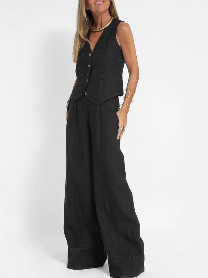 Women's Aira Buttoned Vest and Wide-Leg Trousers Set