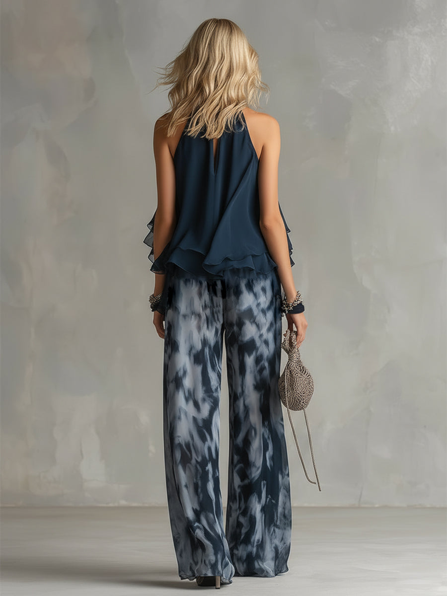 Women's Navy Halter Top & Printed Chiffon Pants Set - Evening Elegance