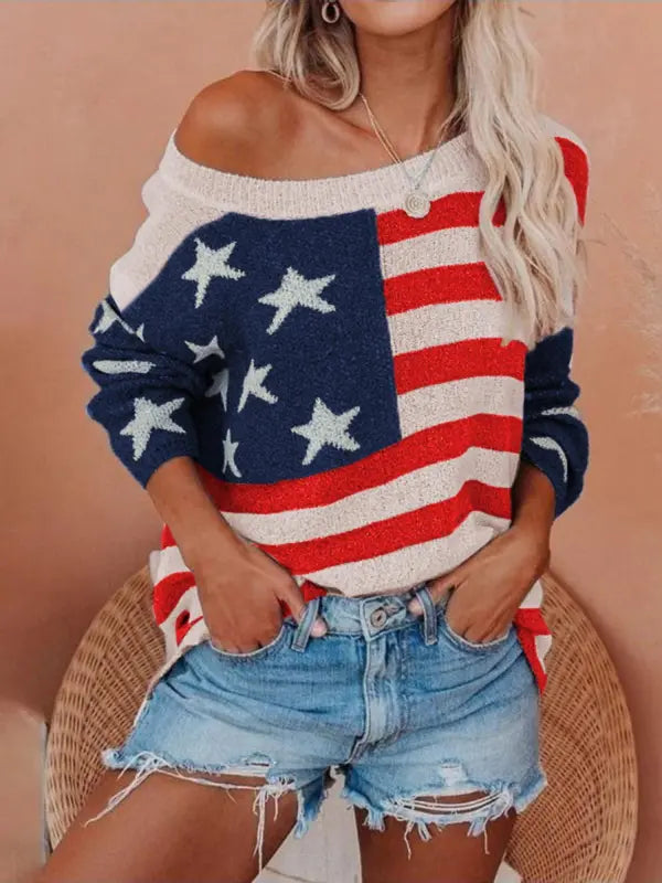 Women's Patriotic Off-Shoulder Sweater - Cozy & Chic