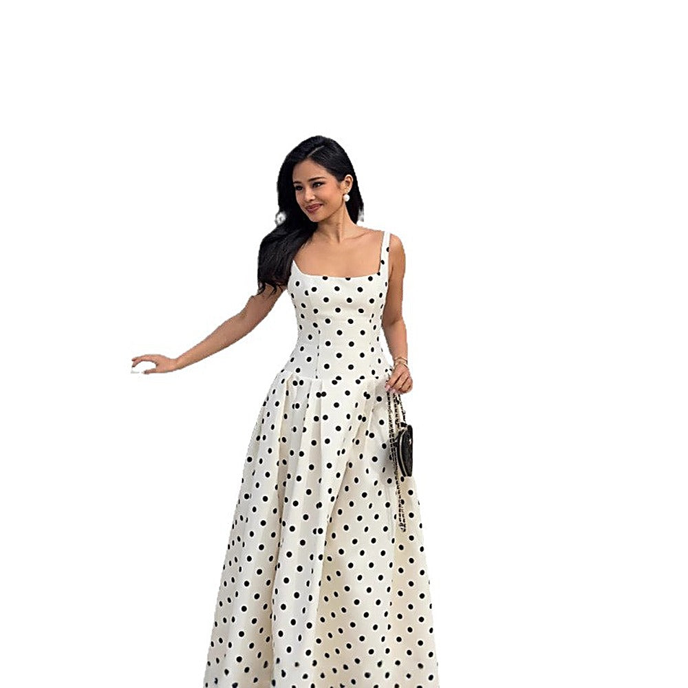 French Chic Square-Neck Polka-Dot Ruched Maxi Slip Dress