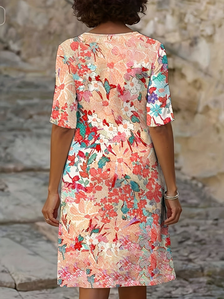 Women's Retro Floral V-Neck Dress - Everyday Flattering Fit