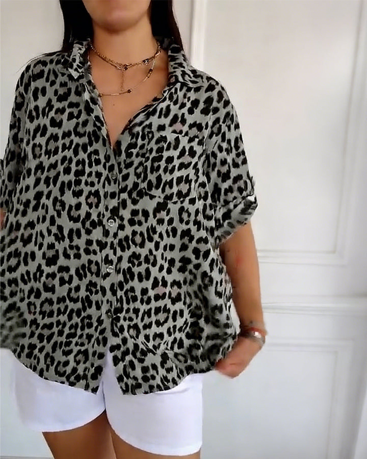 Women's Cotton Blend Leopard Print V-Neck Blouse - Chic Daily Wear