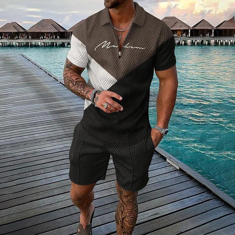 Men's Smiley Print Polo and Shorts Set - Summer Vacation Style