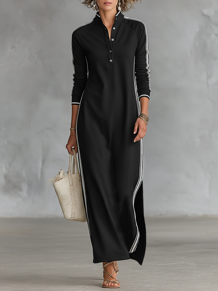 Women's Sweatshirt Maxi Dress - Button-Down Collar & White Trim