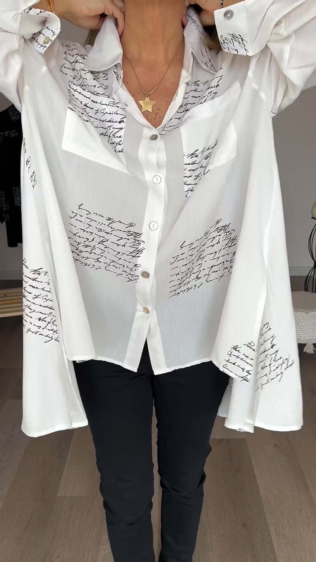 Women's Handwritten Print Button-Up Shirt - Artistic Everyday Style