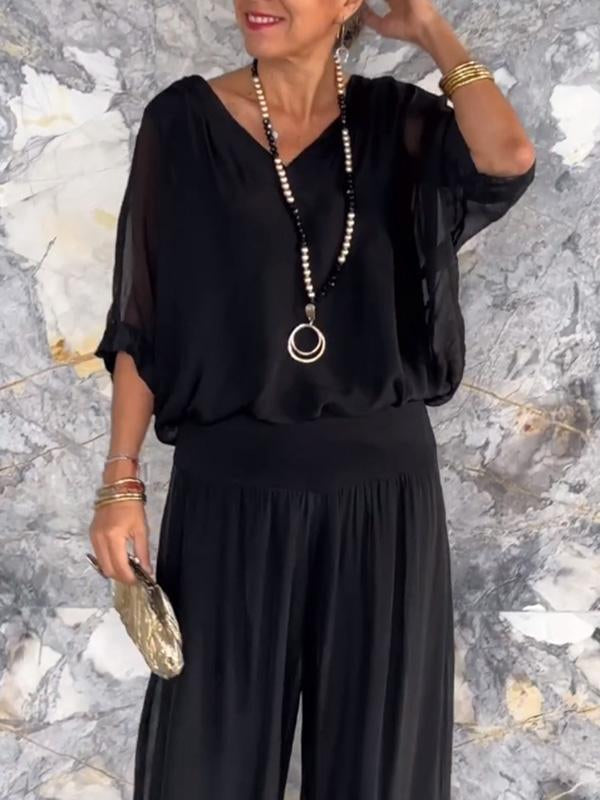 Women's Chiffon Wide-Leg Pants Two-Piece Set - Elegant & Breezy