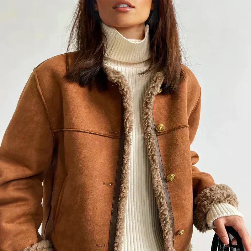 Women's Shearling Button Jacket - Cozy Winter Essential