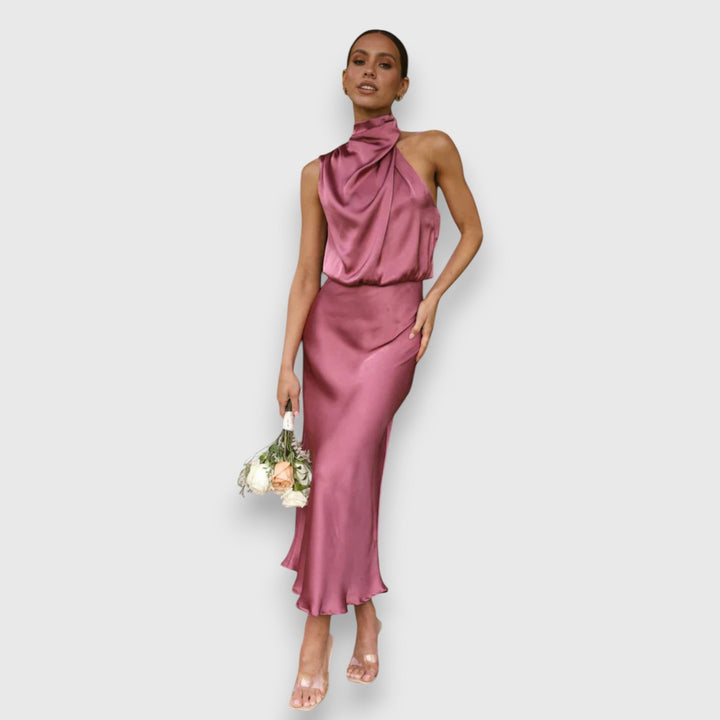 Women's Satin Halter Midi Dress - Elegant Occasion Style
