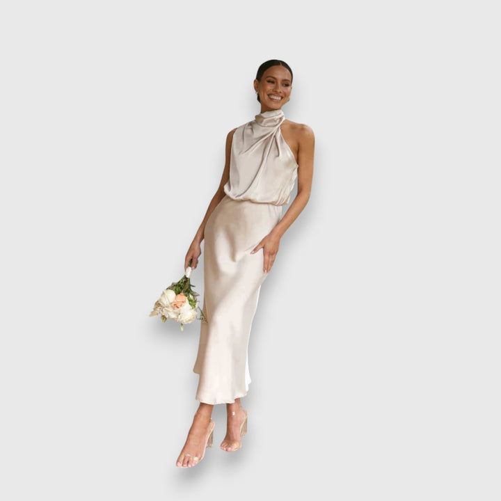 Women's Satin Halter Midi Dress - Elegant Occasion Style
