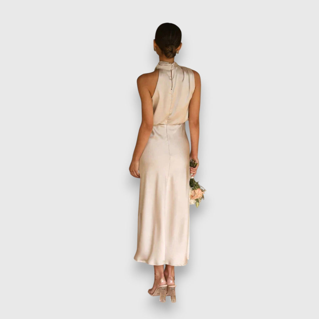 Women's Satin Halter Midi Dress - Elegant Occasion Style