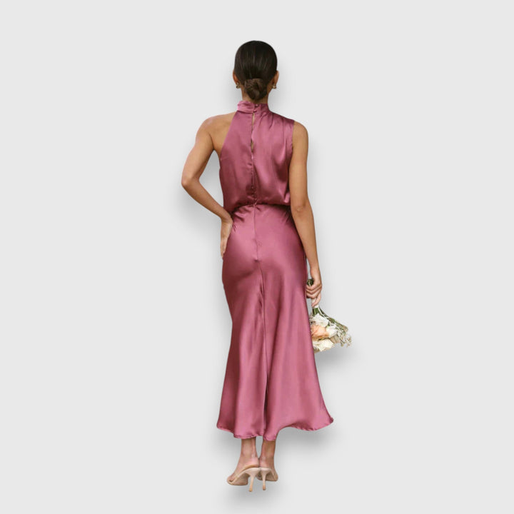 Women's Satin Halter Midi Dress - Elegant Occasion Style