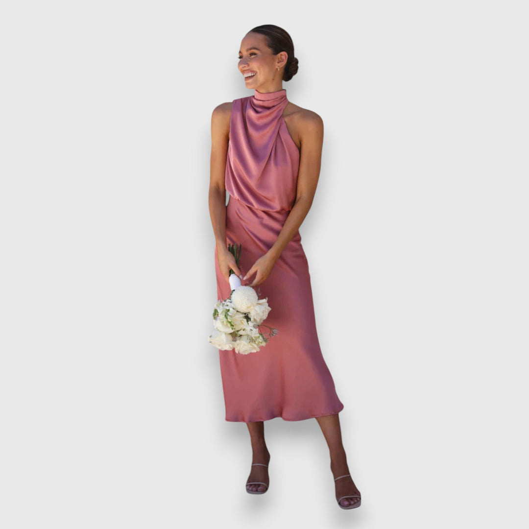 Women's Satin Halter Midi Dress - Elegant Occasion Style