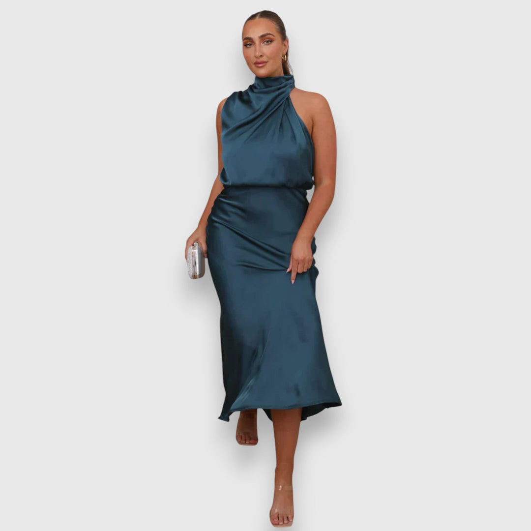 Women's Satin Halter Midi Dress - Elegant Occasion Style