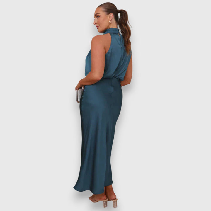 Women's Satin Halter Midi Dress - Elegant Occasion Style