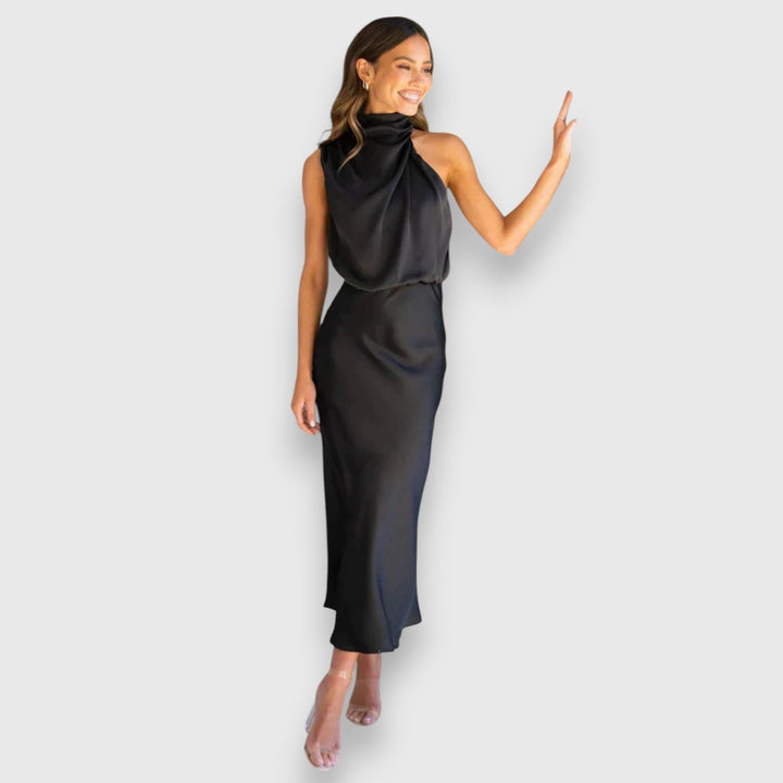 Women's Satin Halter Midi Dress - Elegant Occasion Style