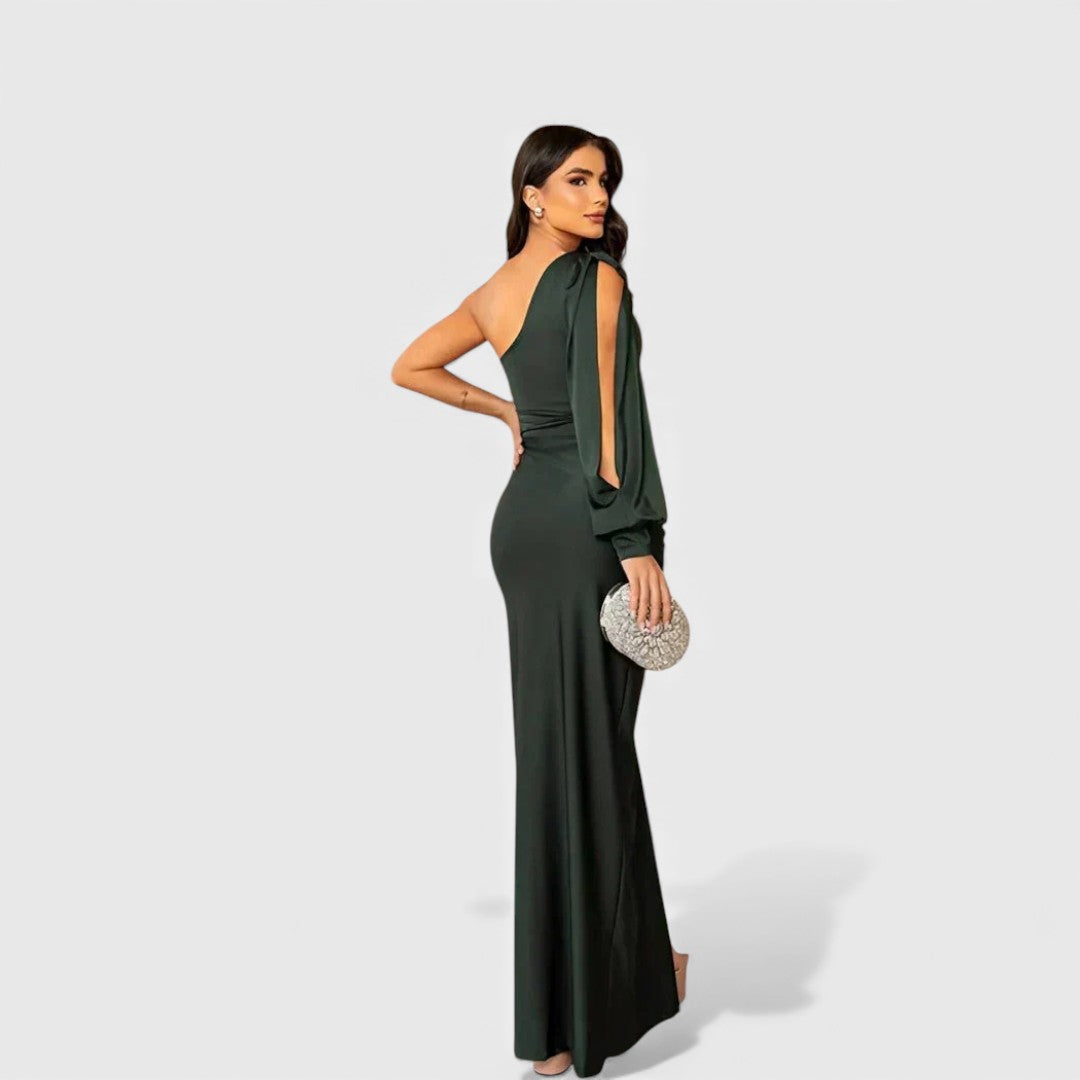 Women's Satin Asymmetric One-Shoulder Maxi Dress - Evening Elegance