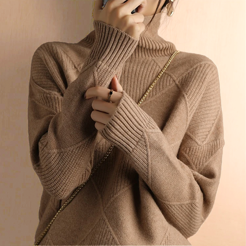 Women's Lotus Cotton Checkered Chunky Turtleneck Sweater