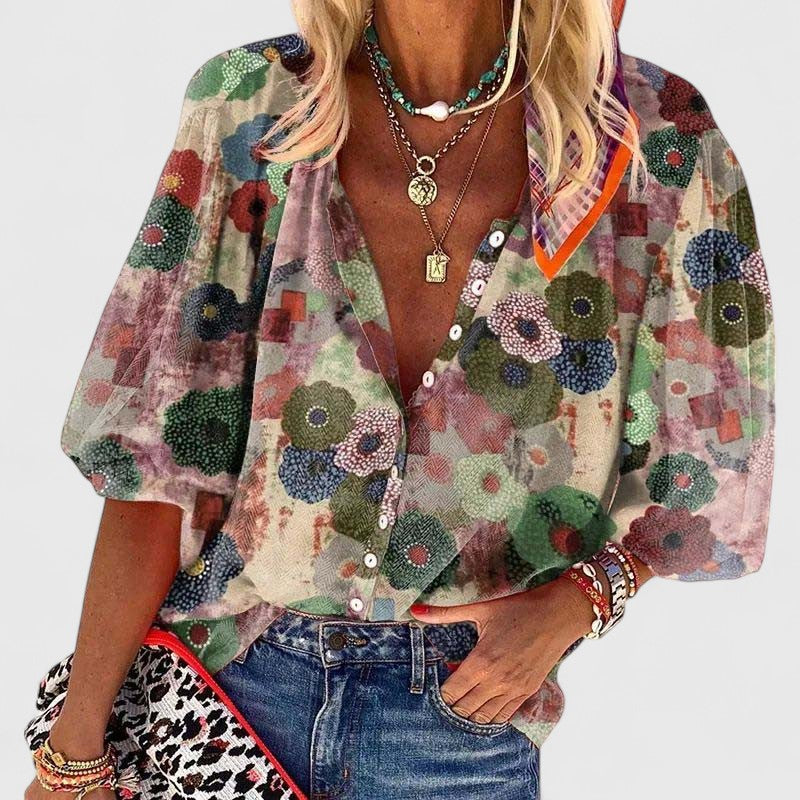 Women's Vivian Boho Bloom Button Blouse - Effortless Festival Style