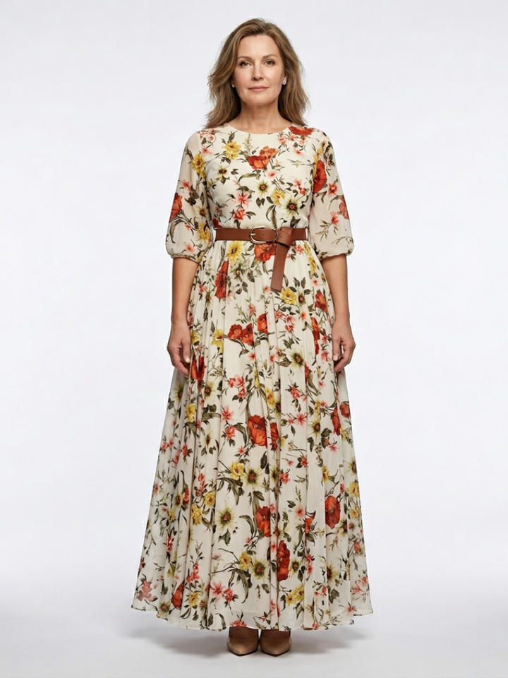 Women's Floral Print Belted Maxi Dress - Elegant Spring Occasion