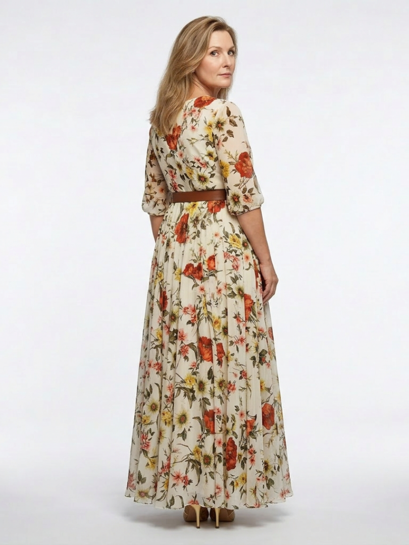 Women's Floral Print Belted Maxi Dress - Elegant Spring Occasion