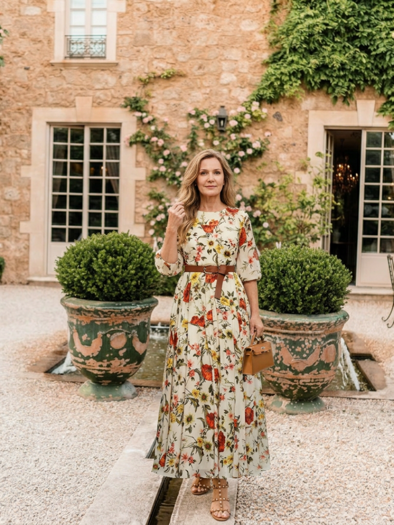 Women's Floral Print Belted Maxi Dress - Elegant Spring Occasion