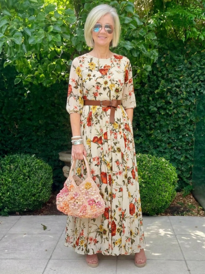Women's Floral Print Belted Maxi Dress - Elegant Spring Occasion