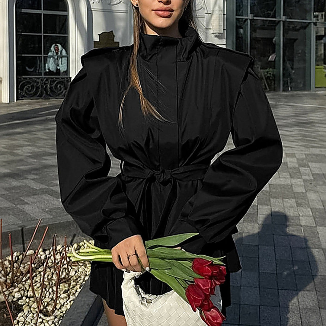 Stand-Collar Tie-Waist Trench Coat
