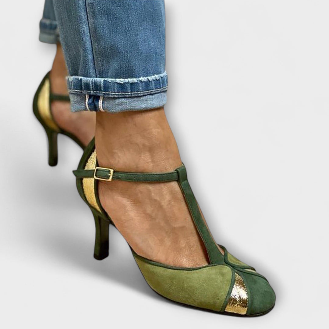 Women's Green Patchwork Heels with T-Strap - Elegant Evening Style