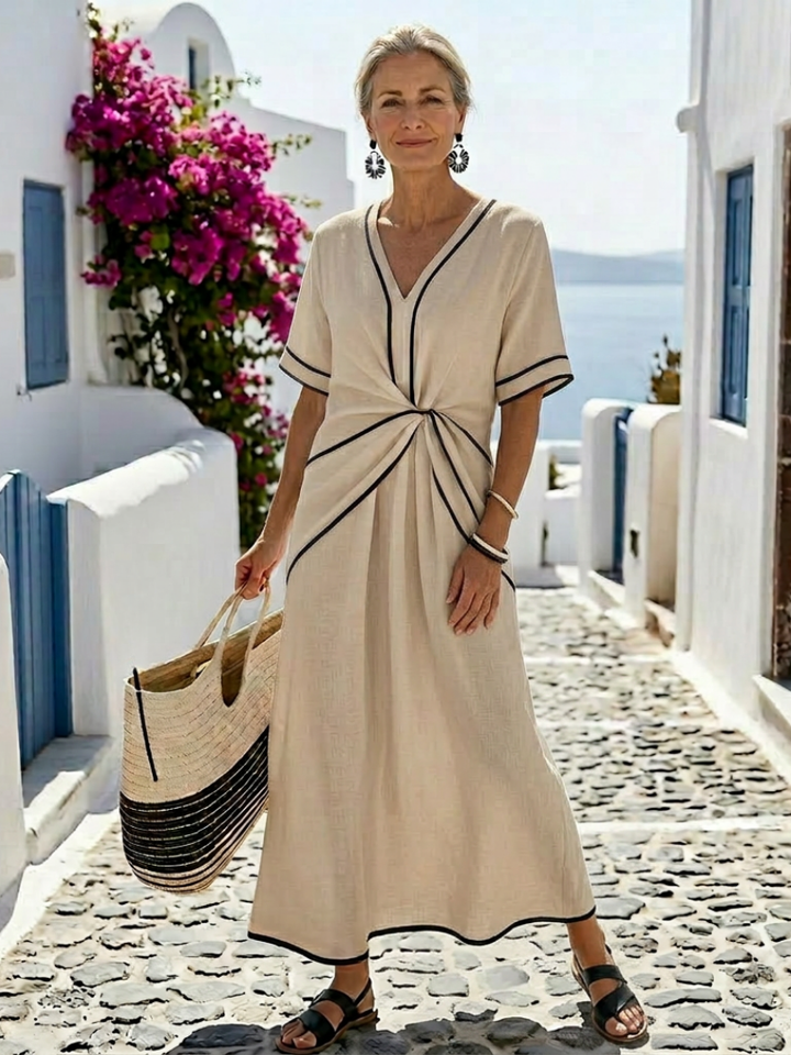Women's V Neck Short Sleeve Midi Dress - Gathered Waist & Flowing