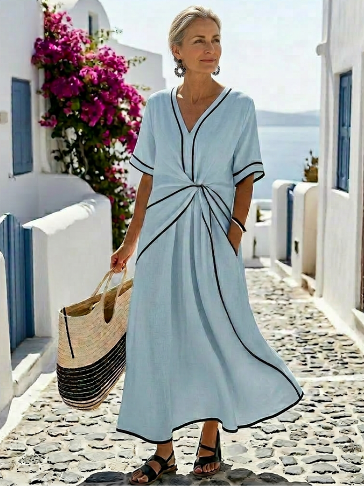 Women's V Neck Short Sleeve Midi Dress - Gathered Waist & Flowing