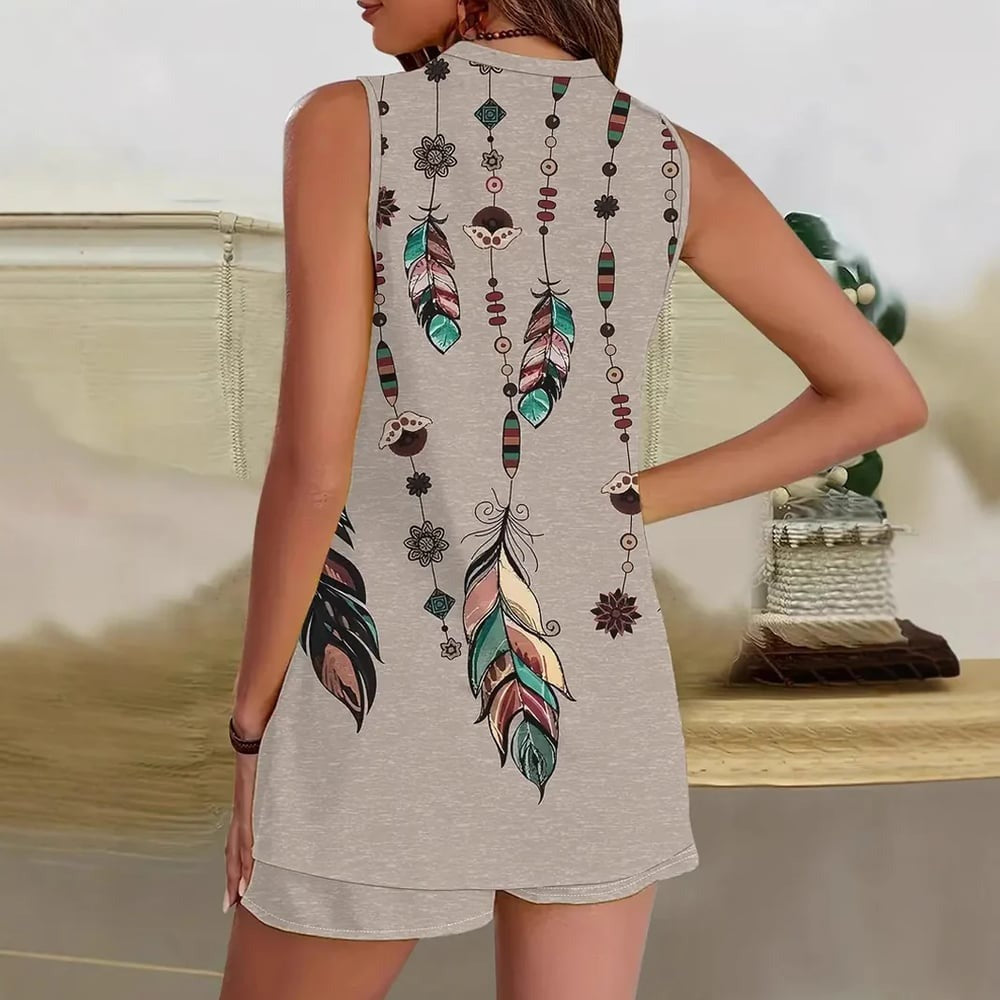 Women's Boho Feather Lounge Set - Relaxed Two-Piece for Everyday