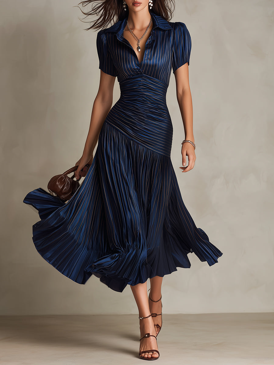 Women's Retro Striped Satin Midi Dress - Elegant Evening Essential