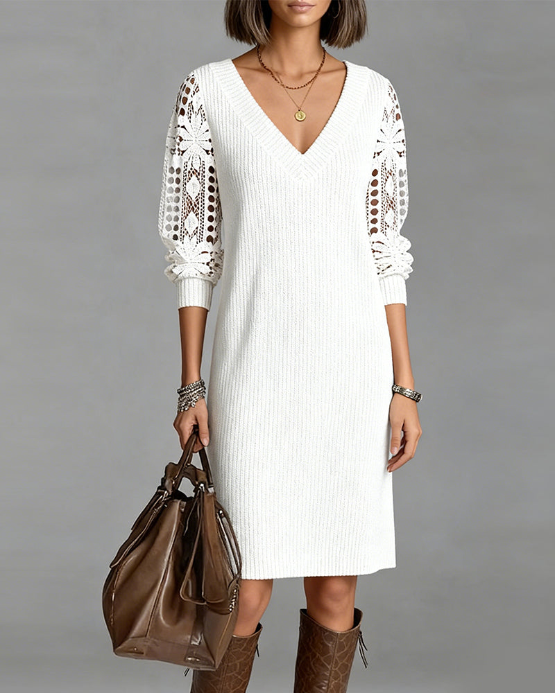 Women's Long Sleeve Lace V-Neck Dress - Graceful & Sophisticated