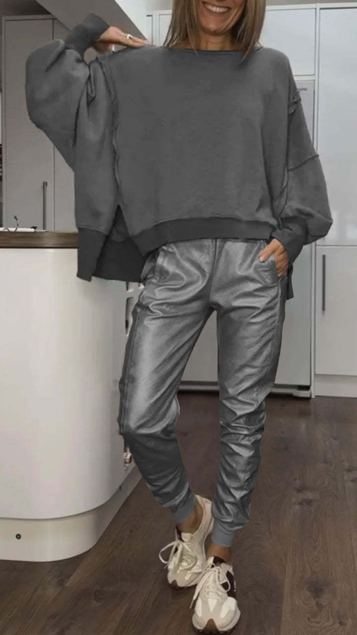 Women's Casual Round Neck Top & Faux Leather Pants Set