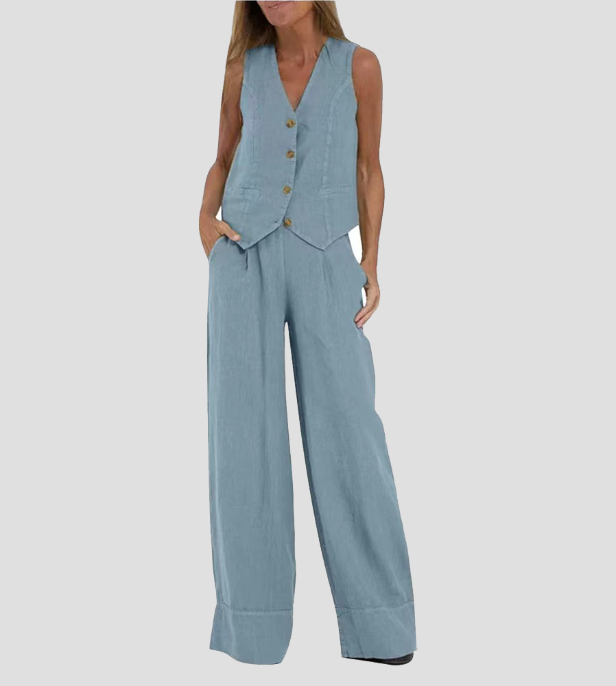 Women's Aira Buttoned Vest and Wide-Leg Trousers Set