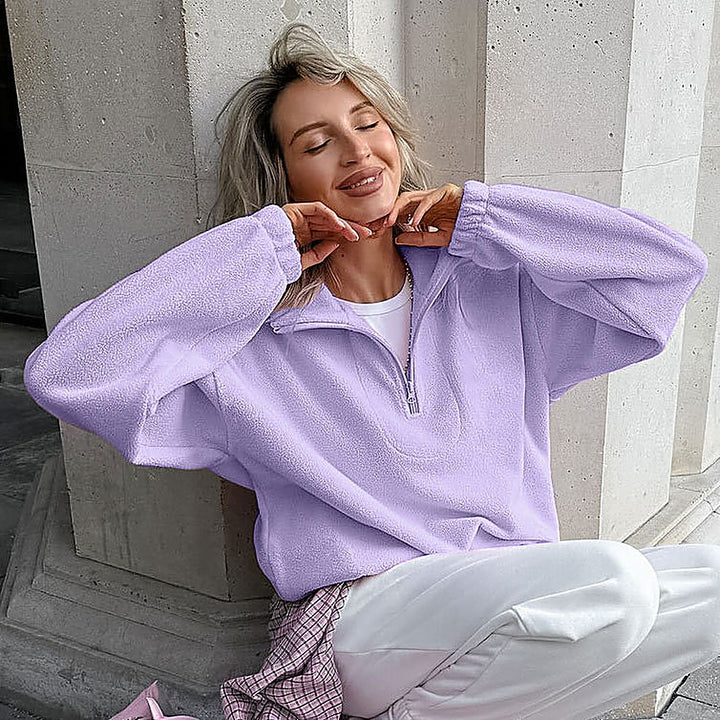 Pink Lapel Fleece-Lined Sweatshirt