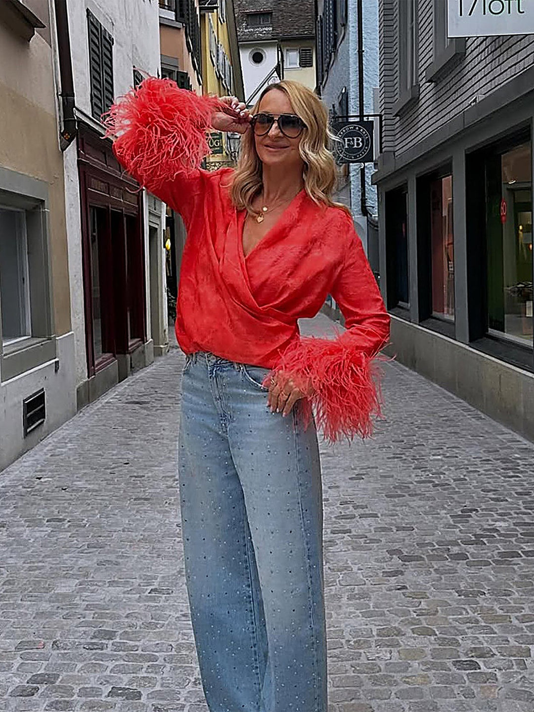 Jacquard Tassel V-Neck Top + Trousers Set