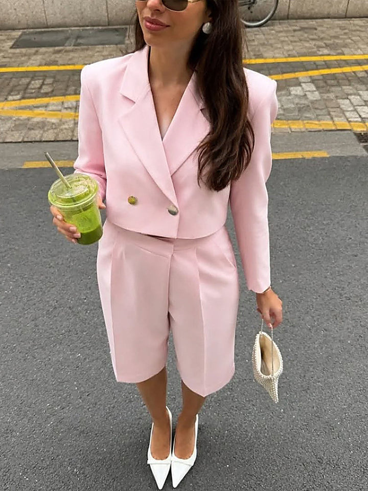 Casual Padded-Shoulder Blazer + Shorts Set