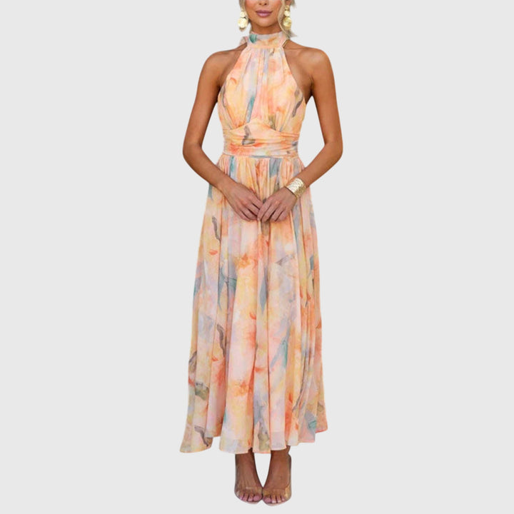 Women's Halter Neck Open-Back Maxi Dress – Watercolour Print