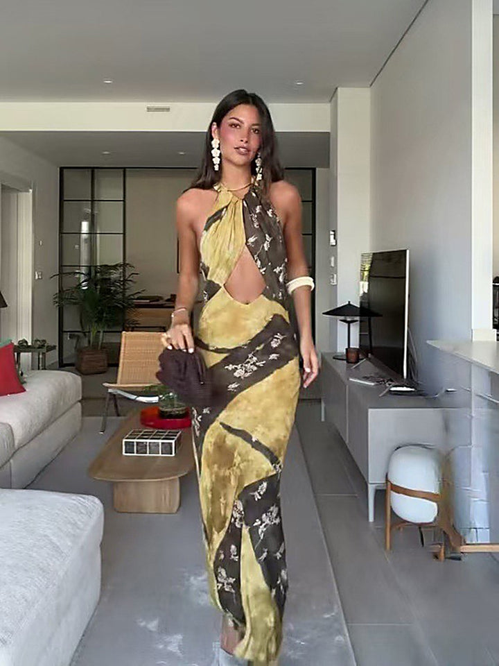 French Cutout Tie-Neck Halter Dress