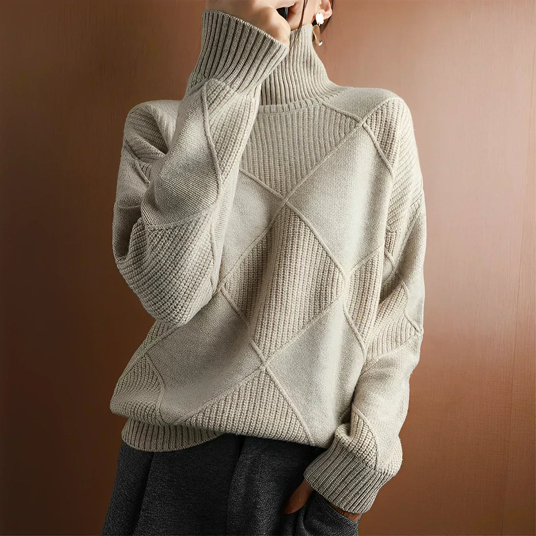 Women's Lotus Cotton Checkered Chunky Turtleneck Sweater