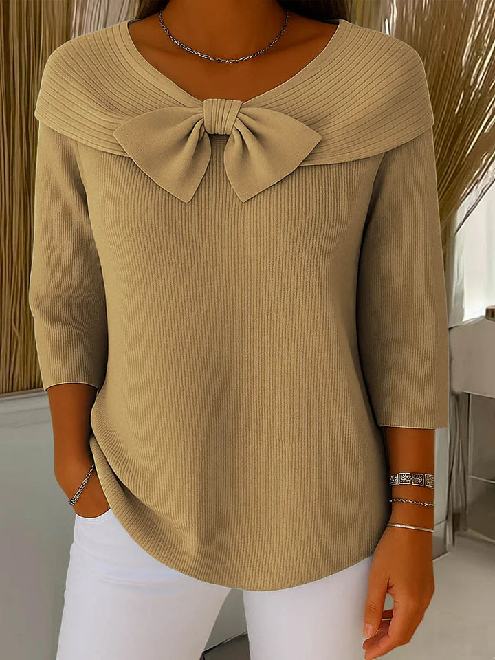 Women's Bow Collar Knit Top - Feminine Charm & Comfort