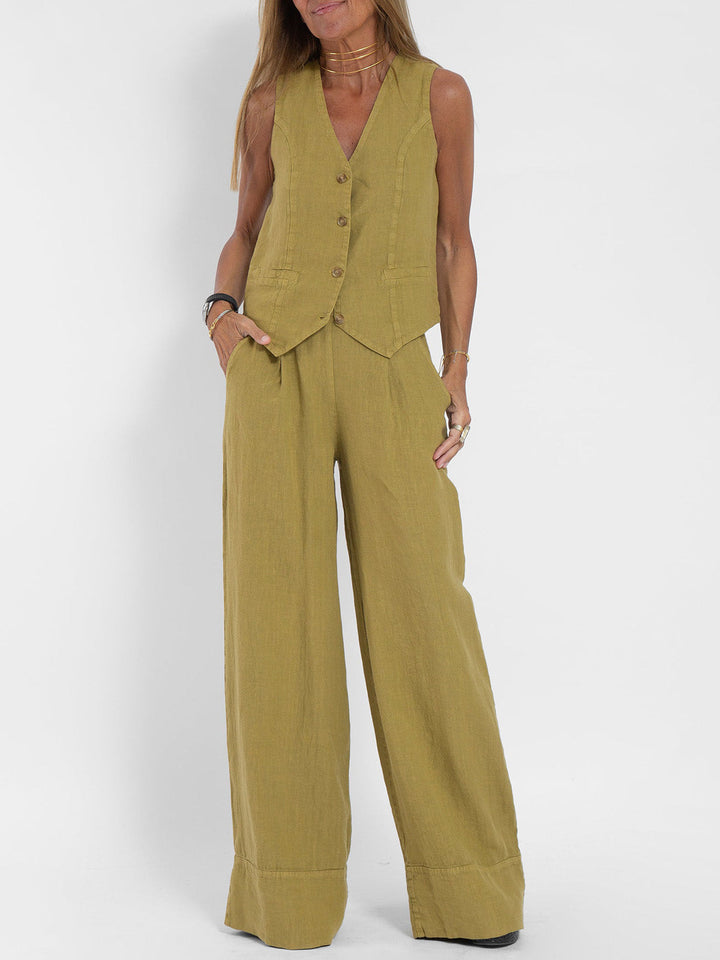 Women's Aira Buttoned Vest and Wide-Leg Trousers Set