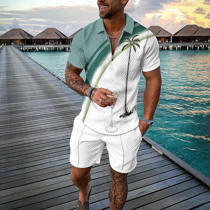 Men's Smiley Print Polo and Shorts Set - Summer Vacation Style