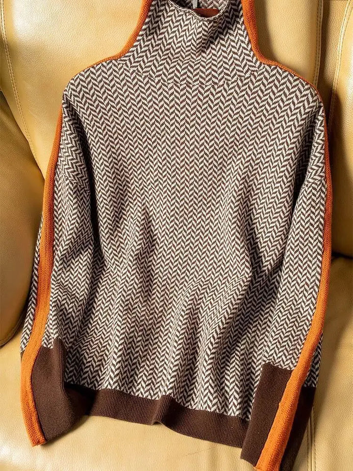 Women's Herringbone High-Neck Sweater - Bold Contrast Stripe