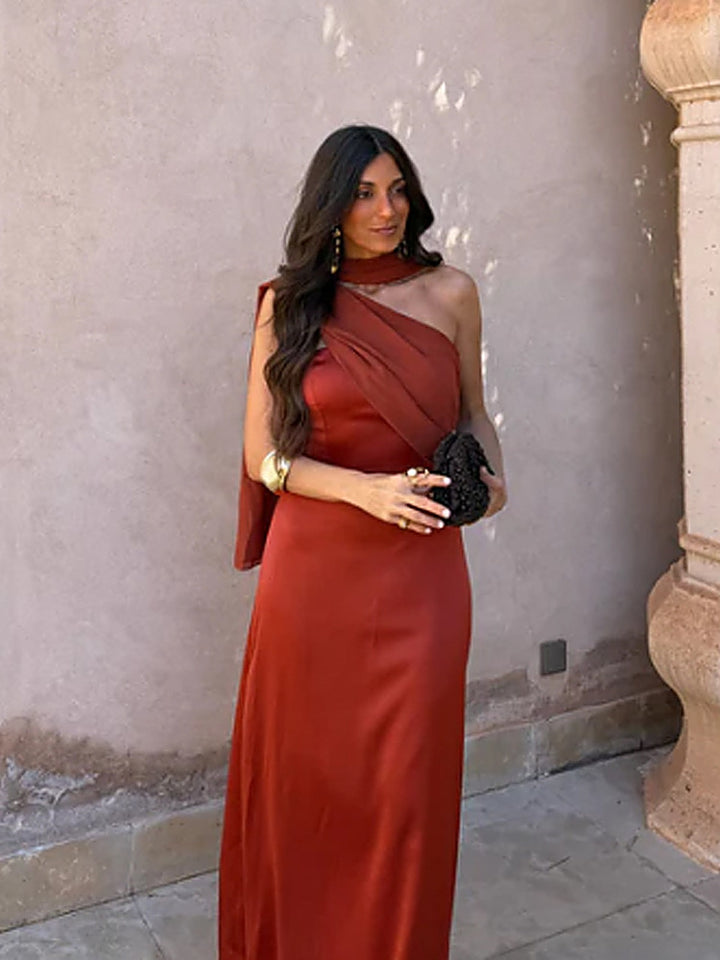 Asymmetric Scarf-Neck Tube Maxi Dress