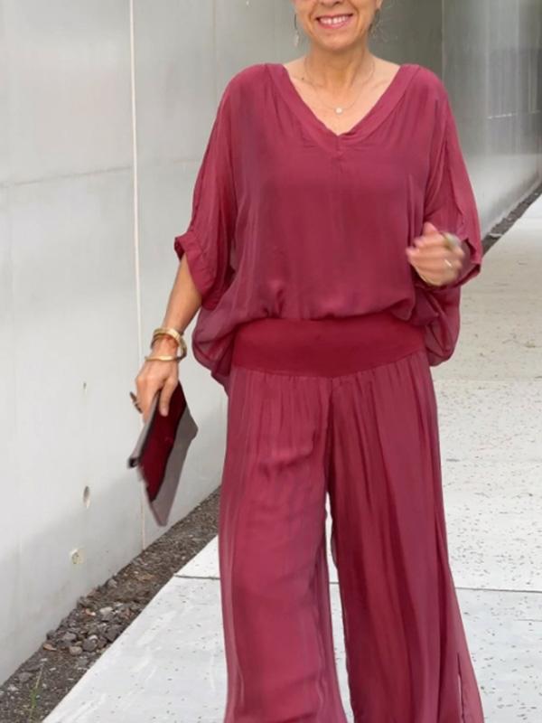 Women's Chiffon Wide-Leg Pants Two-Piece Set - Elegant & Breezy