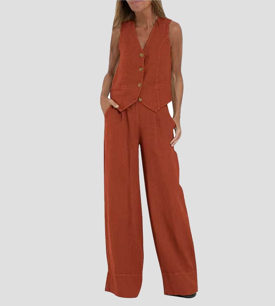 Women's Aira Buttoned Vest and Wide-Leg Trousers Set