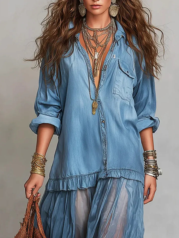 Women's Retro Lapel Denim Organza Patchwork Maxi Dress - Artful